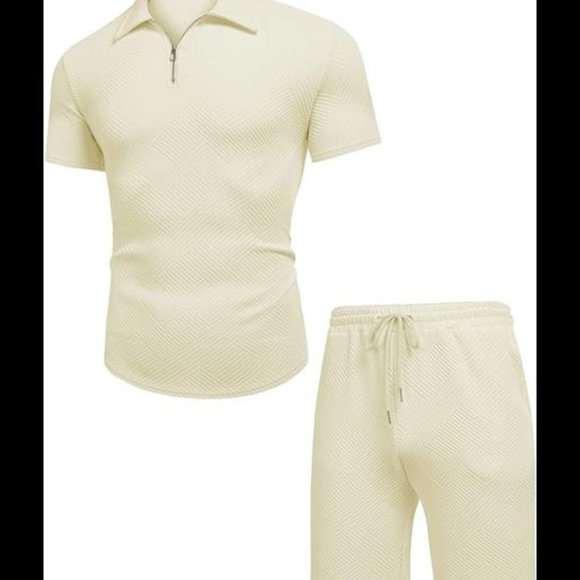 Men's Polo Shirt and Shorts Set - Beige 2 Piece Tracksuit - Picture 4 of 5